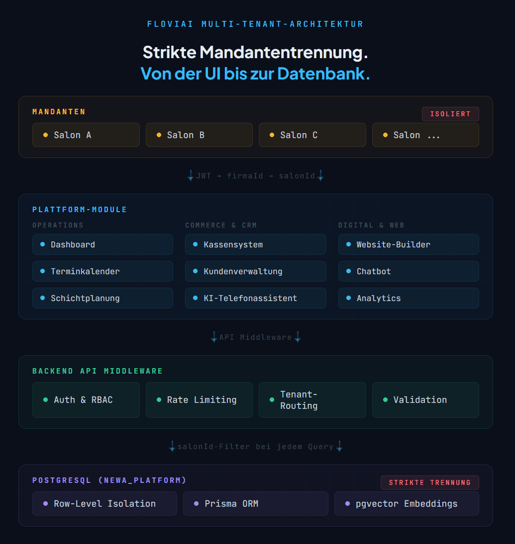FloviAi Multi-Tenant-Architektur: Mandanten, Plattform-Module, Backend API Middleware und PostgreSQL mit strikter Mandantentrennung