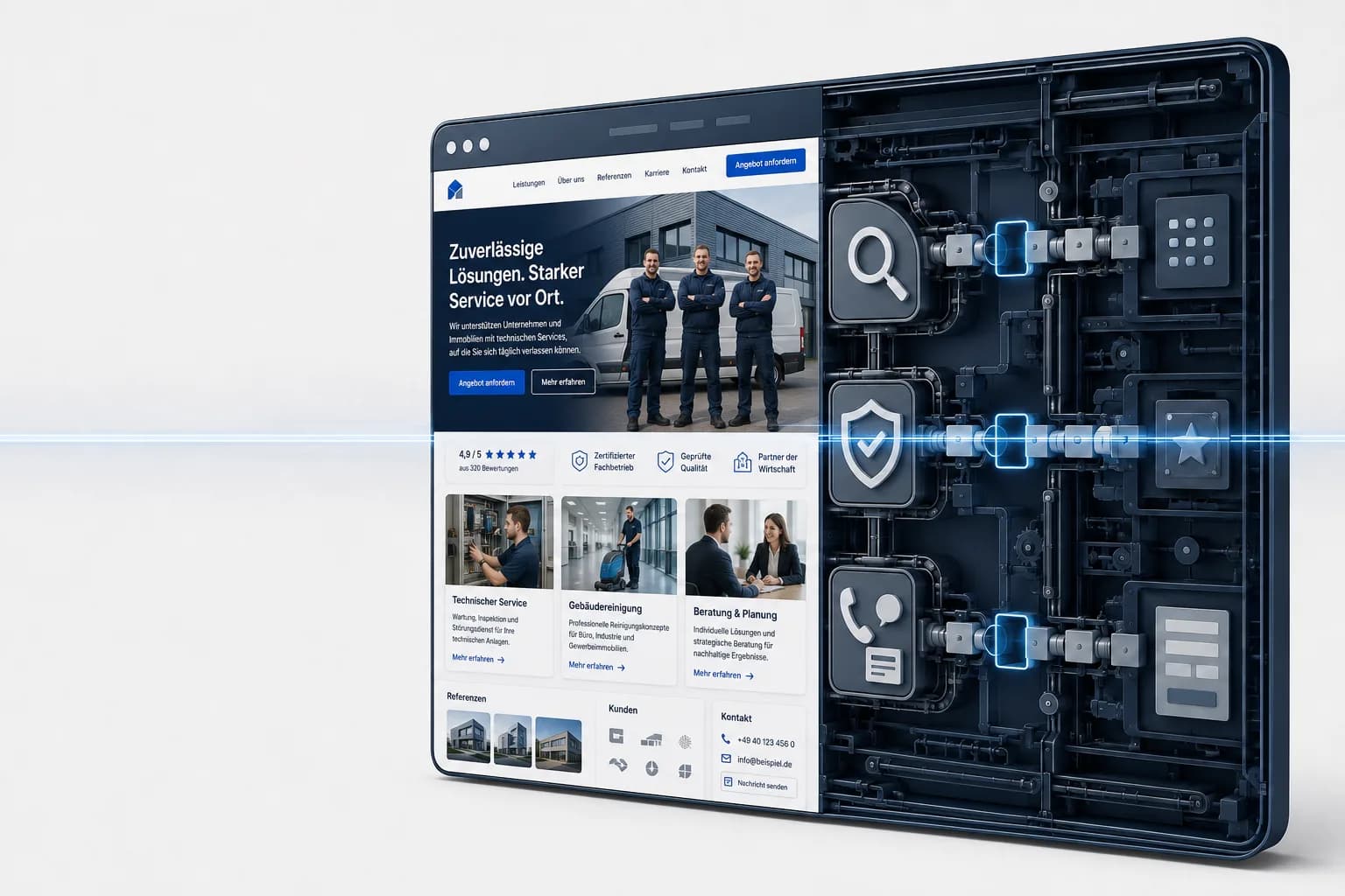 Eine Website und dahinter ihre Mechanik: drei Module — Lupe für das Gefundenwerden, Prüfsiegel für das Überzeugen, Telefon mit Kontaktkarte für die Kontaktaufnahme — sind über Wellen und Kupplungen zu einer durchgehenden Kette verbunden.
